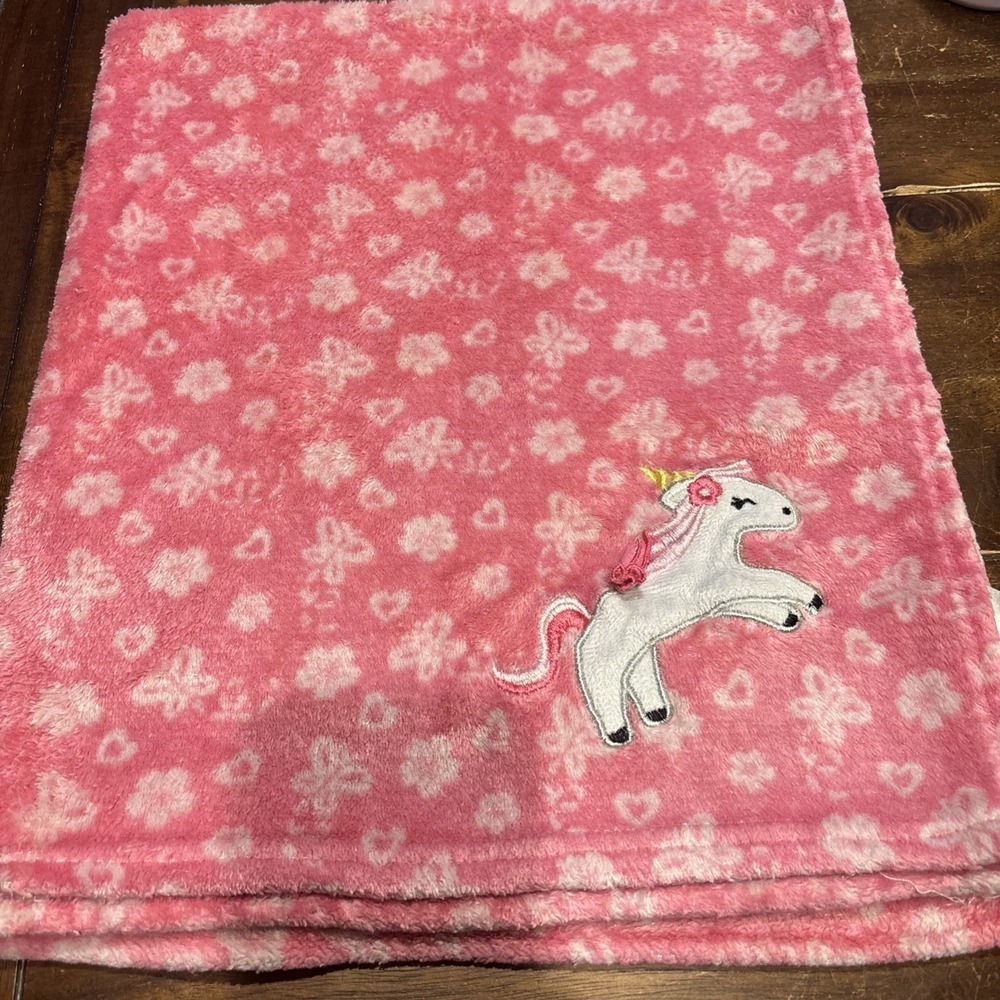 Le‎ Bebe Favorite White Unicorn Hearts Flowers Pink Baby Blanket HTF